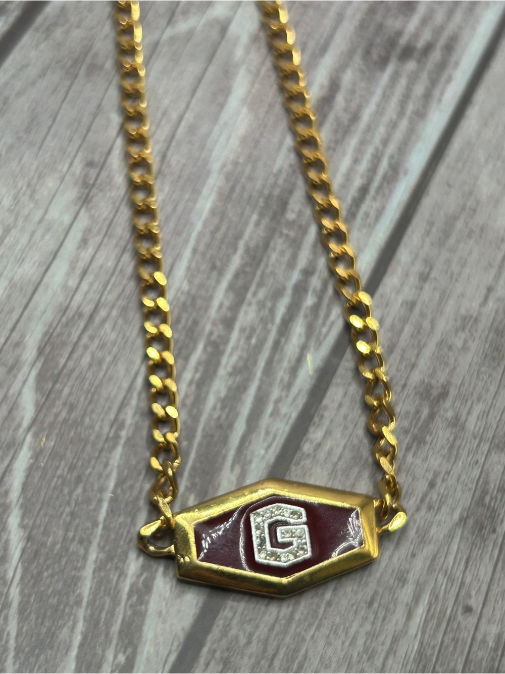 GIVENCHY VTG 1979 Gold Burgundy Enamel Rhinestone G Curb Link Necklace 70s